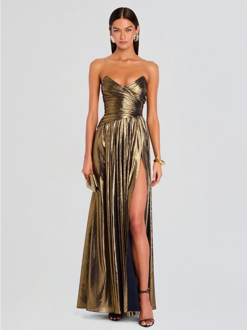Retrofete Waldorf Strapless Metallic Maxi Dress in Antique Gold size Large NEW